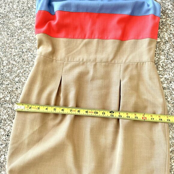 VTG Howard Wolf Size 8 Sheath Pencil Dress Tan Blue White Colorblock Stripes - Picture 16 of 16